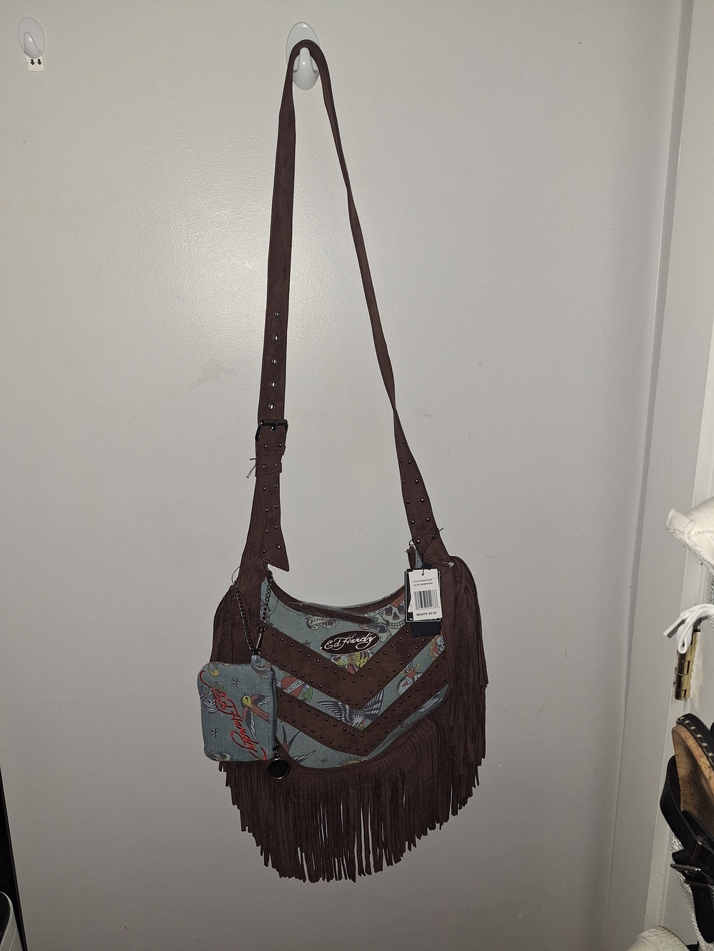 Ed Hardy Brown Fringe Crossbody with Light Blue Pattern